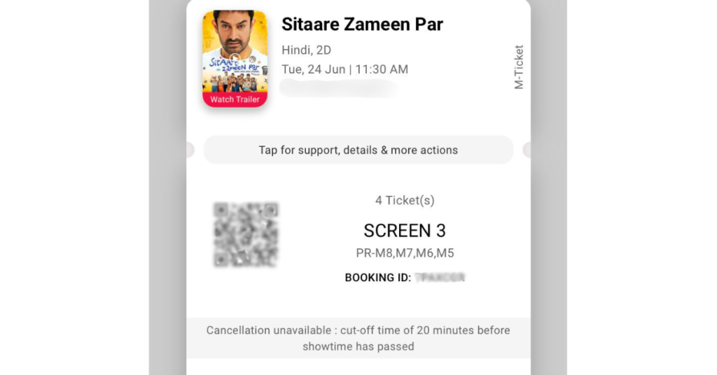 Sitaare Zameen Par movie ticket screenshot — personal viewing confirmation for original blog review.
